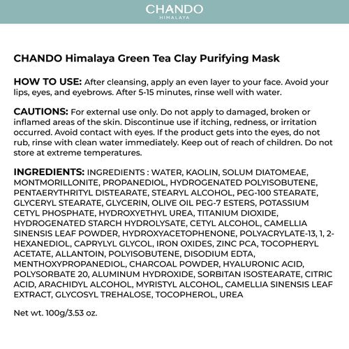 CHANDO HIMALAYA Purifying Green Tea Mask, Natural Facial Clay Mask Deep Pore Cleansing with Green Tea Extract and Portulaca Extract, for Clogged Pores, Detoxifies & Balance Oil, 3.52 fl.oz