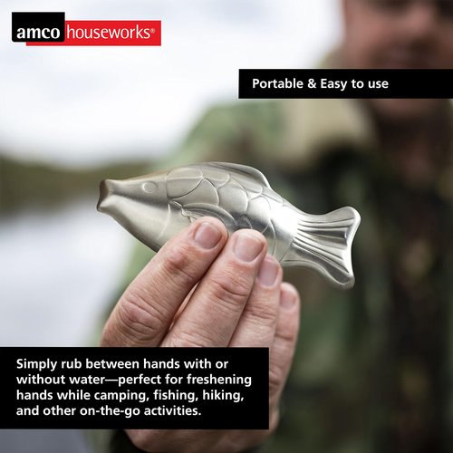 Amco Rub Away Bar, Stainless Steel Odor Absorber, Fish Shaped - Dishwasher Safe Kitchen & Outdoor Essential for Garlic, Onion, Fishing, Hiking Odors - Natural Odor Remover
