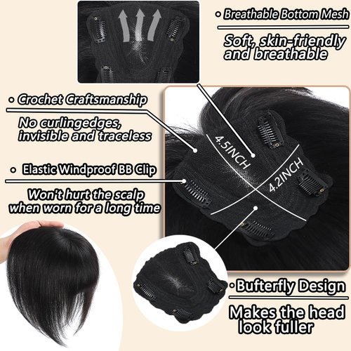 HVVZOY Hair Toppers for Women Real Human Hair, 360° 3D Real Human Hair Toppers for Women with Thinning Hair Clip in Bangs Big Coverage 12 Inch Hairpieces (1B, 3D Wispy Bangs 10x11)