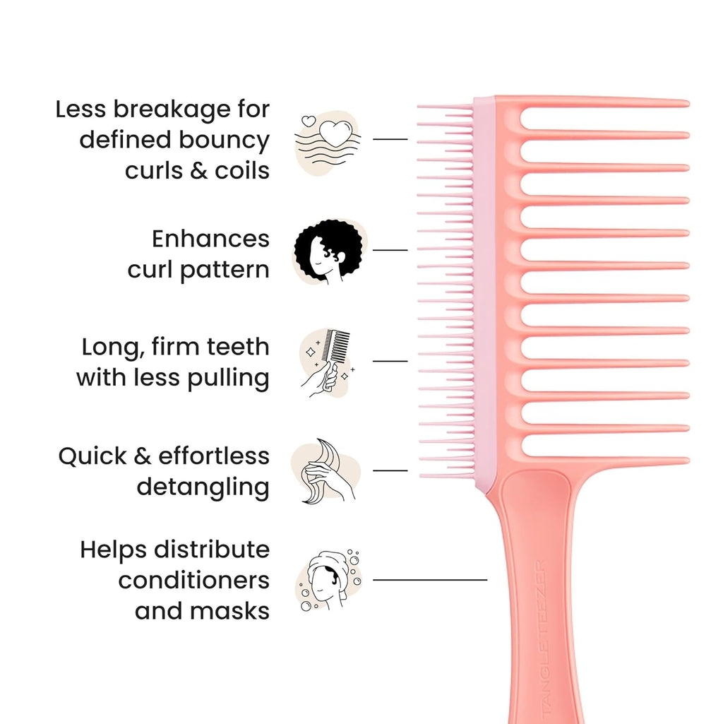 Tangle Teezer Wide Tooth Comb - Double-Sided Detangler for Curly Hair Types 3C to 4C | Peach