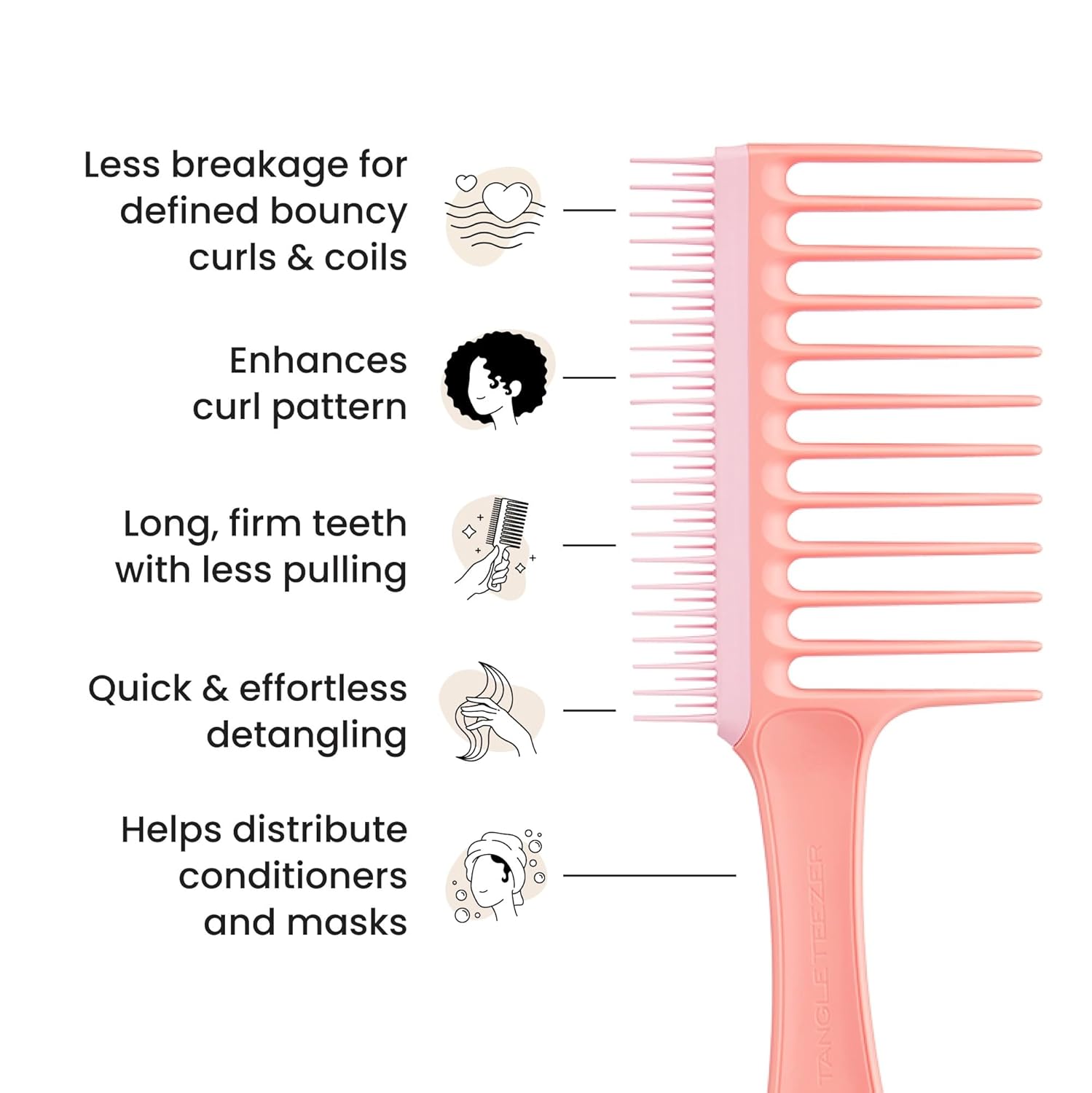 Tangle Teezer Wide Tooth Comb - Double-Sided Detangler for Curly Hair Types 3C to 4C | Peach