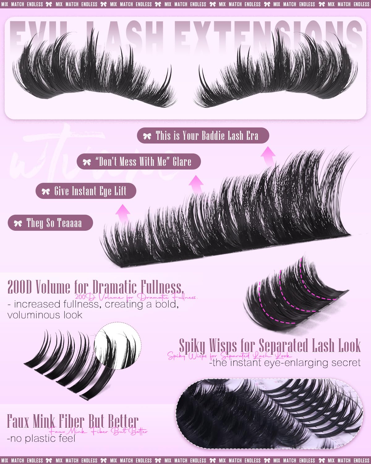 Wtvane Wispy Lash Clusters with Spikes Eyelash Clusters DIY Lash Extensions with 10-20MM 200D Individual Lashes 12-22MM Spiky Lashes Clusters Volume Manga Cluster Eyelash Extensions for Baddie Look