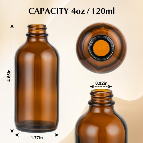 Exlvanto Small Glass Bottles with Lids Boston Round Shot Bottles for Health, Immunity, Ginger Juice, Essential Oils, Potion - Leak Proof Mini Travel Containers (Amber UV, 4oz-12Pack)