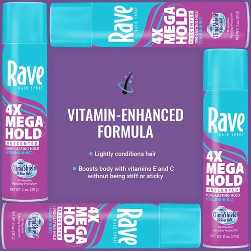 Rave 4X Mega Unscented Aerosol Hairspray - Humidity-Resistant Hold & Volume - 2-Pack
