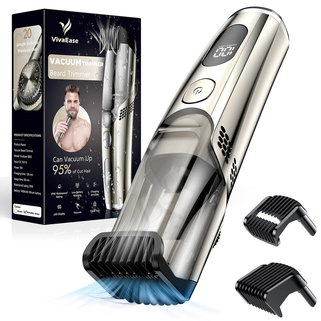 VivaEase Vacuum Beard Trimmer for Men, New Version Adjustable Precision Trimming Length with 2 Comb, Electric Cordless Vacuum Trimmer for Beard, Waterproof and Rinses Easy, Blades for Skin fit