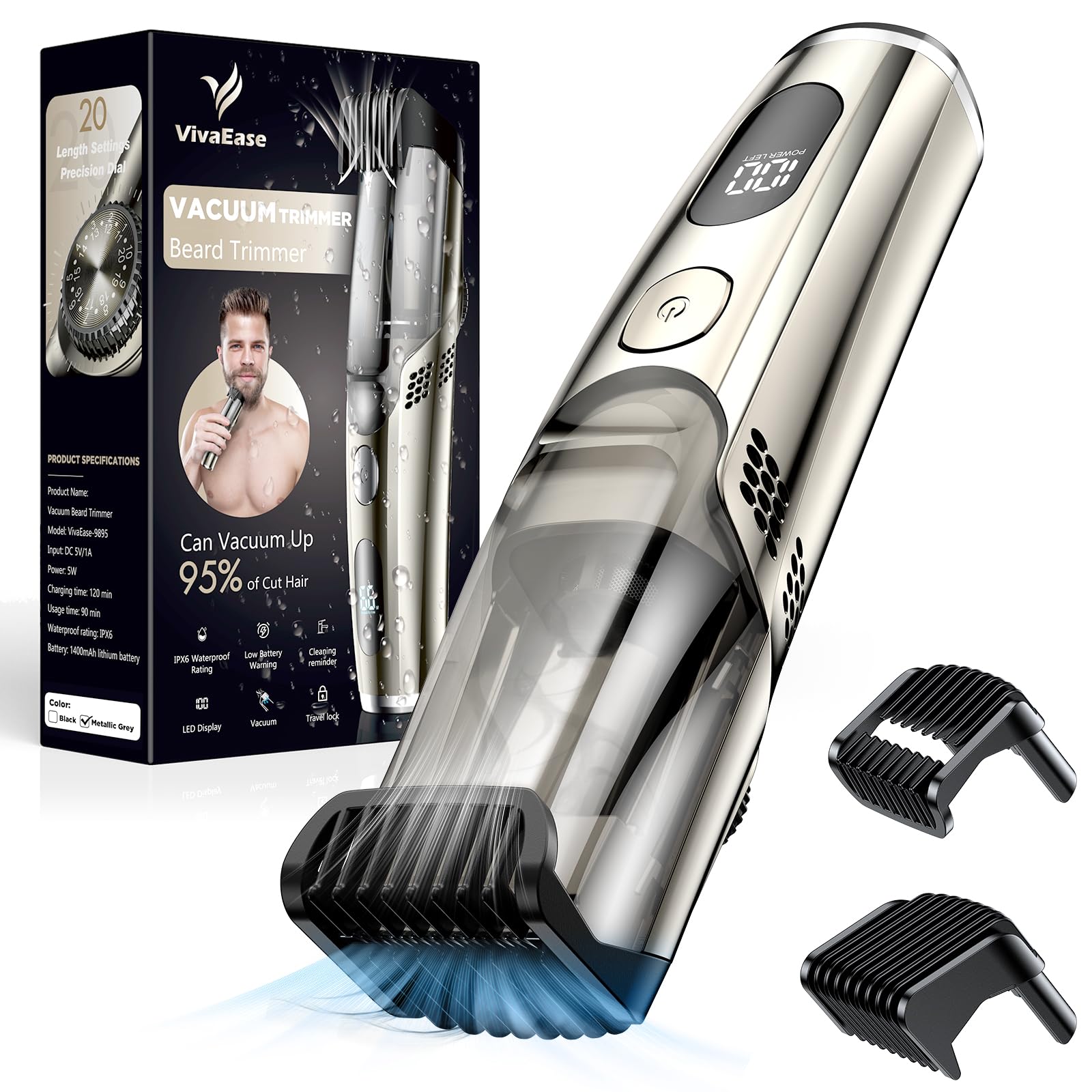 VivaEase Vacuum Beard Trimmer for Men, New Version Adjustable Precision Trimming Length with 2 Comb, Electric Cordless Vacuum Trimmer for Beard, Waterproof and Rinses Easy, Blades for Skin fit