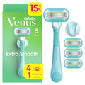 Gillette Venus Extra Smooth Razor for Women, Includes 1 Reusable Razor Handle + 4 Refills, 5-Bladed, Ergonomic No-Slip Gel Handle and Shower Holder, Holiday Gifts for Women