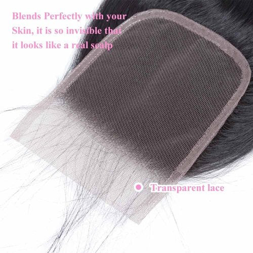 Transparent HD Lace Closure Body Wave Invisible Ultra-thin 4x4 Closure Brazilian Raw Virgin Human Hair Pre Plucked Natural Black (4x4 Lace Closure, 20 Inch)