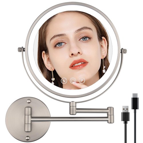 SLIMOON 9" Wall Mounted Lighted Makeup Mirror with Magnification, 1X/10X Magnifying Mirror with Light, 3 Color LED 2000mAh Rechargeable Light Up Magnifying Nickel Extendable