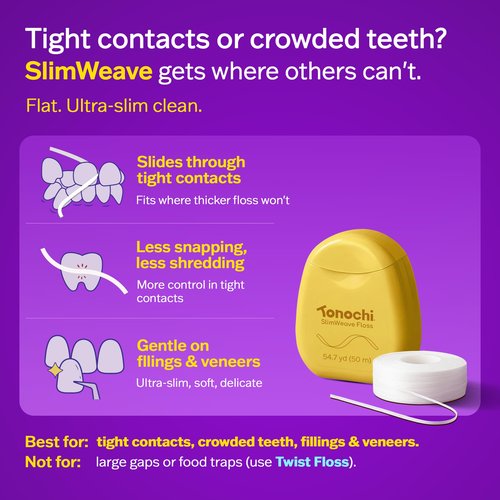 Tonochi SlimWeave Flat Dental Floss for Tight Teeth & Tight Spaces – Extra Thin, Smooth-Glide, Gentle on Gums, Mint + Xylitol, 3-Pack (50 m Each)