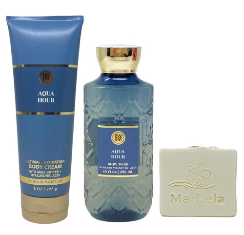 Bath & Body Works Aqua Hour Body Cream & Wash Duo Set with Natural Oats Bar Soap - Full Size