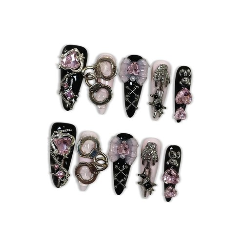 Hantyer Gothic Y2K Press on Nails, Long Stiletto Glossy Nails in Black & White, Handmade Nails with 3D Charms (Bow/Handcuff/Skull) & Heart Rhinestones, Edgy Party Style for Women(Size M)