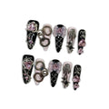 Hantyer Gothic Y2K Press on Nails, Long Stiletto Glossy Nails in Black & White, Handmade Nails with 3D Charms (Bow/Handcuff/Skull) & Heart Rhinestones, Edgy Party Style for Women(Size M)