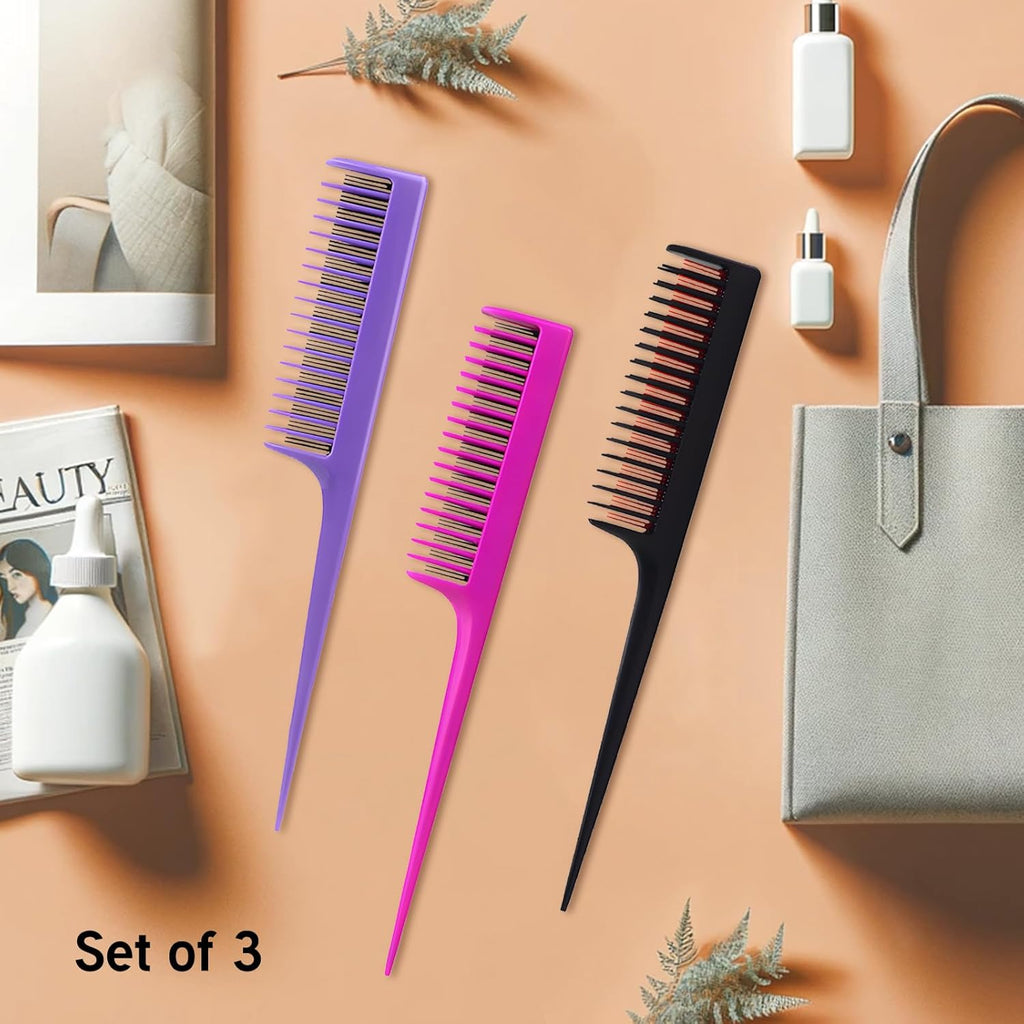 Teasing Comb Set by Professional - 3 Pack Tail Combs for Root Teasing & Volume - 8.15 Inches, Black, Magenta & Purple