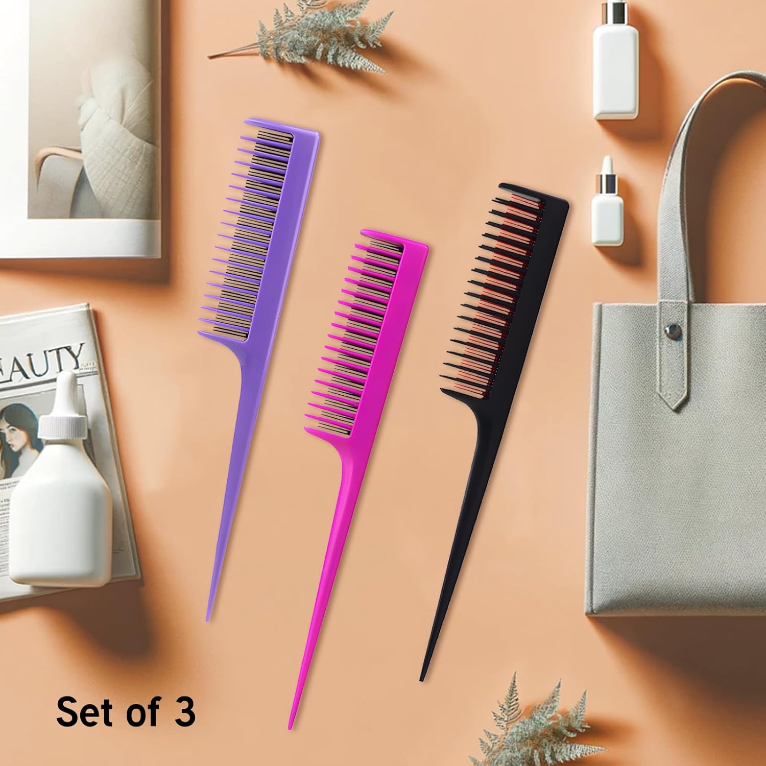 Teasing Comb Set by Professional - 3 Pack Tail Combs for Root Teasing & Volume - 8.15 Inches, Black, Magenta & Purple