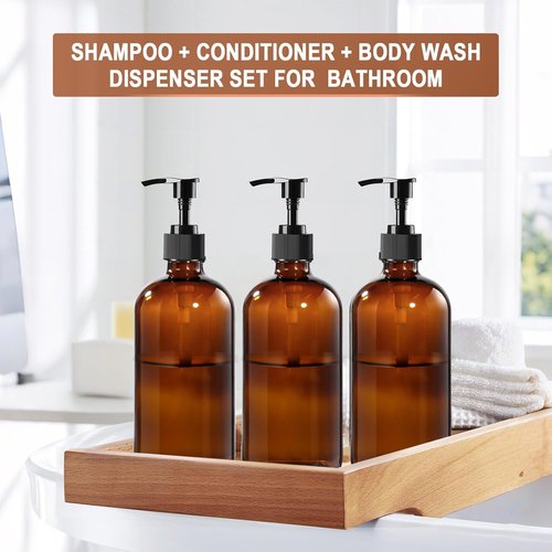 BPFY 4 Pack 8 oz Amber Glass Pump Bottles, Boston Round Bottles with Pumps for Lotion, Soap, Massage Oils, Refillable Containers with Caps