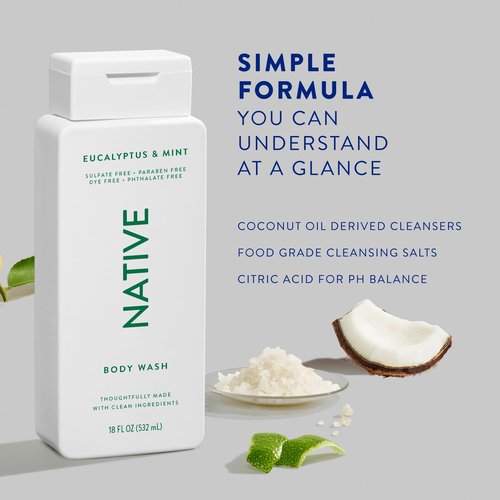 Native Body Wash Contains Naturally Derived Ingredients | For Women & Men, Sulfate, Paraben, & Dye Free Leaving Skin Soft and Hydrated | Eucalyptus & Mint 18 oz