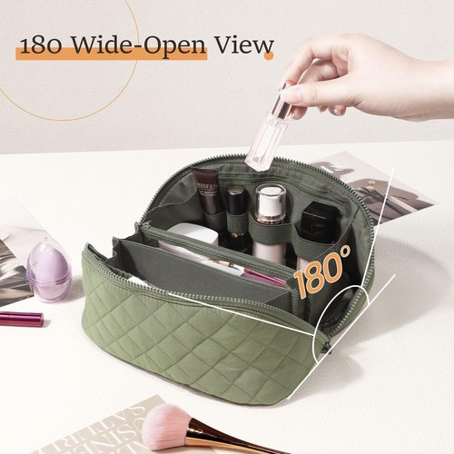 Petition Makeup Bag for Women, Wide Open Lay-Flat Cosmetic Case, Festivalment Makeup Bag, Spacious 180° Open Cosmetic Organizer for Toiletries & Brushes Large Capacity with Compartments (Green)