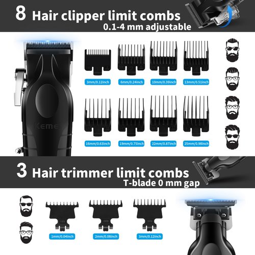 KEMEI Hair Clipper and Trimmer Set Professional Cordless Hair Clipper for Men Electric Beard Trimmers Barber Hair Cuttings Kit, T Blade Trimmers for Men, KM-2296，KM-2299