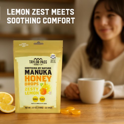 Taylor Pass Honey Co Mānuka Honey Drops UMF™ 10+ - Zesty Lemon Lozenges | Soothing Natural Relief | 22 Individually Wrapped Drops