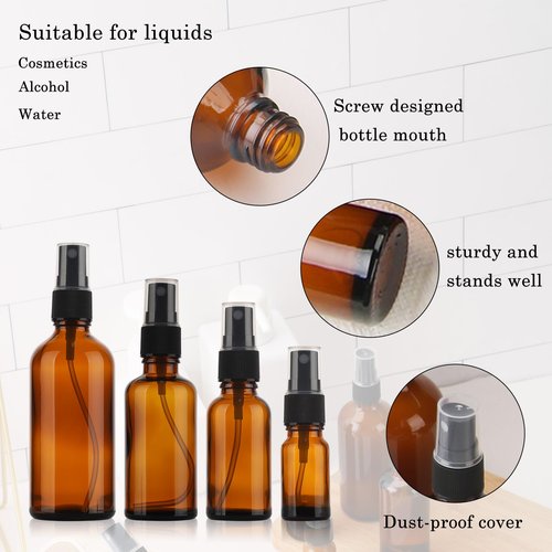 RAMFIYN 24 pack 10ml Spray Bottle Amber Glass Travel Atomizer for Perfume Essential Oils TSA Approved Refillable Small Sprayer with Labels and Dispensing Tools