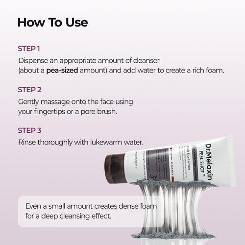 Dr.Melaxin Peel Shot Black Rice Mochi Whip Cleanser 100ml formulated for blackheads, clogged pores, excess sebum, and dull skin