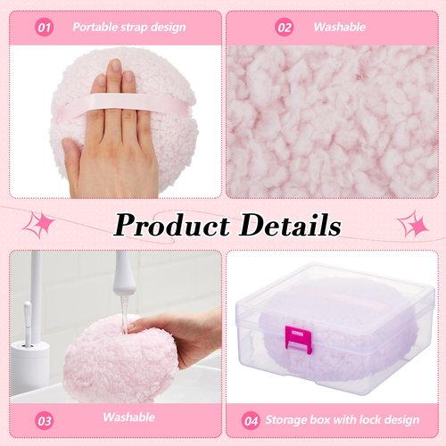 Tioncy 4 Pcs Extra Large Powder Puff for Body Powder 6 x 6 x 3 Inches Powder Puff and Container White Pink Soft Loose Powder Puff and Clear Container for Women