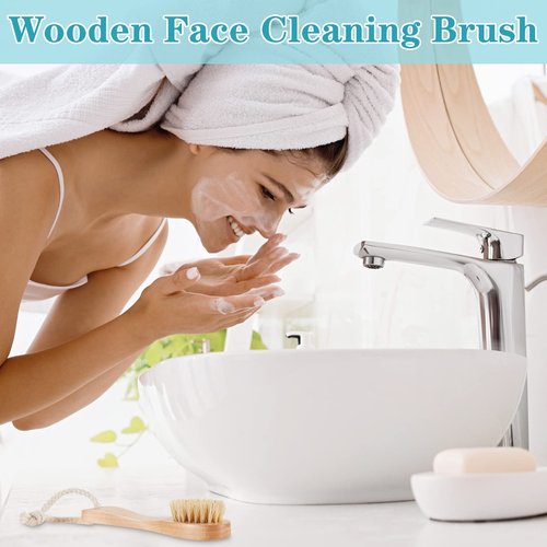 Nuanchu 6 Pcs Wooden Face Cleaning Brush Facial Exfoliator Brush Dry Scrubber Natural Bristles for Face Care Scrubber Exfoliator Wood Handle Facial Cleanser Tool to Unclog Pore