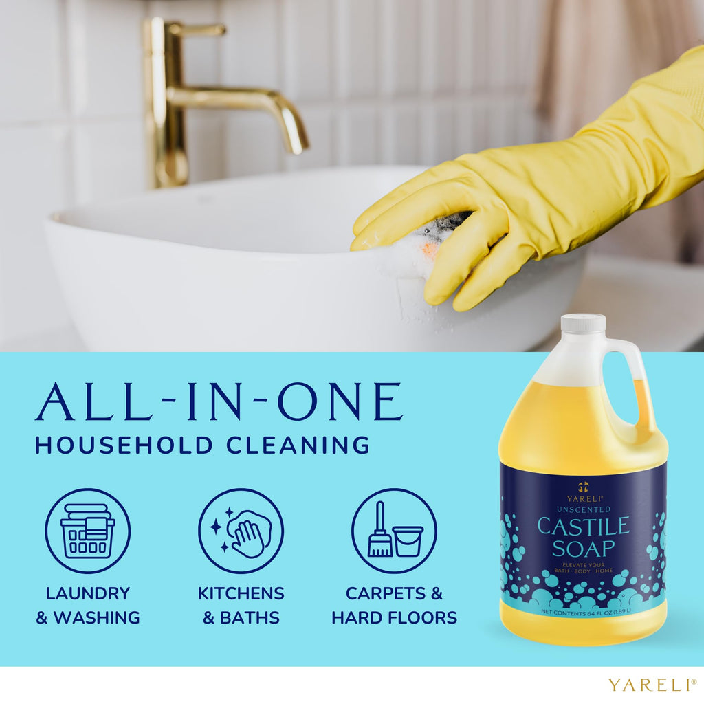 YARELI Pure Castile Soap Liquid, Unscented, with All Organic Oils for Adults, Kids and Babies as Body Wash or Hand Soap, 64oz Refill