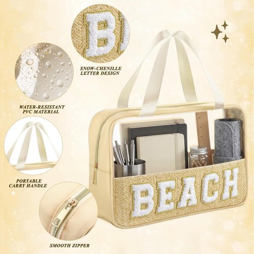 Kajaia Clear Beach Bag - Large Woven Transparent Makeup & Toiletry Organizer | Beige Chenille Letter Design
