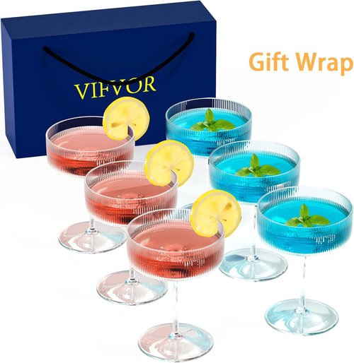 Skiennix 6 Pcs Ribbed Coupe Cocktail Glass Set - Elegant 10 oz Hand Blown Martini Glasses with Gift Box