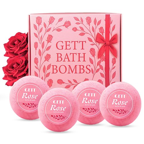 GETT Rose Bath Bombs 4-pcs, Individually Wrapped Bath Bombs for Men & Women, Luxury Gift Set with Vegan and Essential Oils, Relaxing and Moisturizing Bubble Bath, Organic Bath Essentials for All