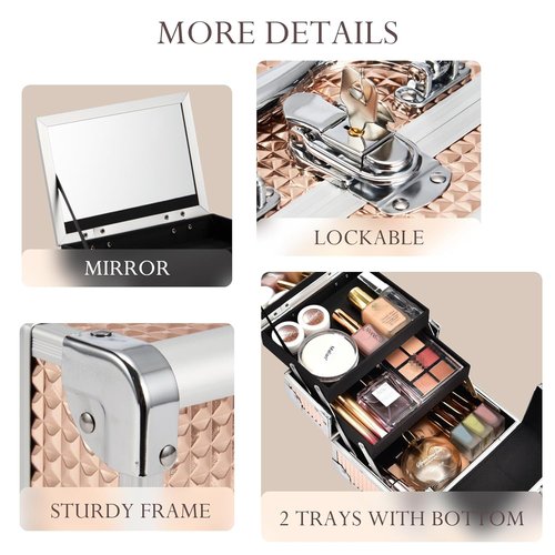 FRENESSA Makeup Case - Portable Train Case with Mirror & Lock | Rose Gold Cosmetic Organizer
