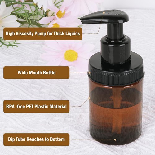 Cosywell Plastic Pump Bottle Dispenser 4oz/120ml 4 Pack Shampoo Bottles Lotion Dispenser Wide Mouth Jar Style Empty Refillable Bathroom Shower Containers for Shampoo Conditioner Body Wash(Brown)
