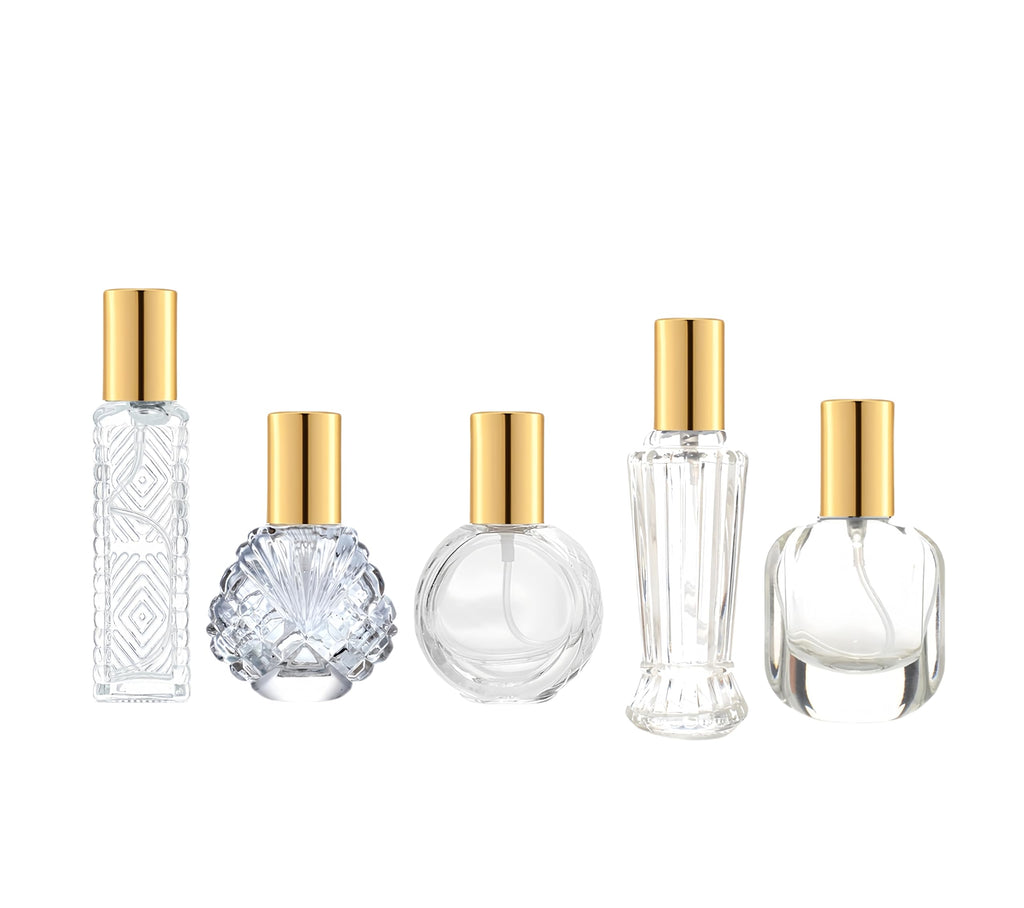 YORROR 5 Pcs 10ml 15ml Gold Glass Perfume Atomizer,Small Empty Refillable Perfume Spray Bottle for Men and Women,Portable Fragrance Fine Mist Spray Perfume Bottle for Travel