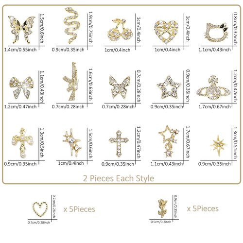 40Pcs Gold Nail Charms Nail Art Rhinestone Gems 3D Sparkling Nails Jewelry for Acrylic Nail Tips Accessories for Women DIY Nail Decorations