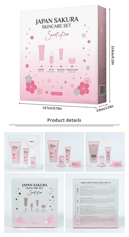 Travel Skincare Kit - Sakura Gentle Daily Face Routine Set for Teen Girls & Women | Hydrating Cleanser, Anti-Aging Serum, Moisturizer, Eye Cream - Radiant Skin Mini Holiday Box Gift (4PC)
