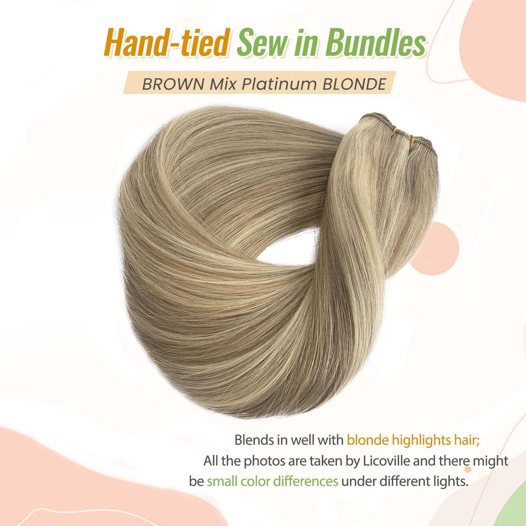 Weft Hair Extensions Sew in Real Human Hair Bundle Ash Blonde and Platinum Human Hair Extensions Hand Tied 12 Inch 80G Soft Straight Sew in Bundles Mixed with Blonde Highlights for Length/Volume