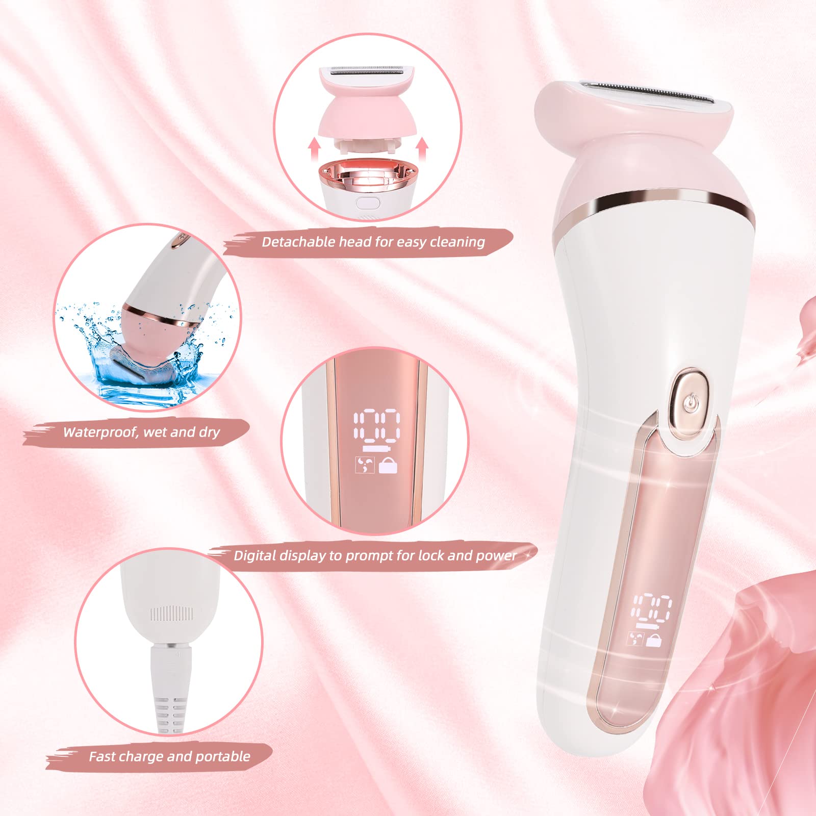 YHC Electric Razor for Women – 2-in-1 Waterproof Cordless Shaver for Legs, Underarms, Face & Bikini, Hypoallergenic Blades, Wet & Dry Use, USB Rechargeable (Pink).