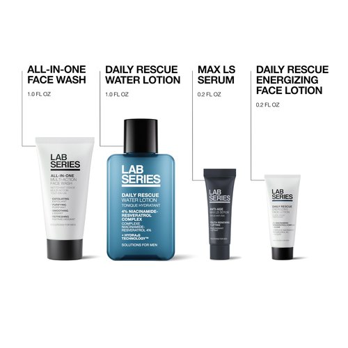 Lab Series Travel Size Essentials Skin Care Set For Men - Includes All-In-One Face Wash 1 Fl Oz, Daily Rescue Face Toner 1 Fl Oz, Daily Rescue Face Lotion 0.2 Fl Oz & Max LS Face Serum 0.2 Fl Oz