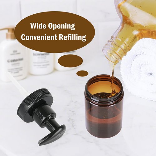 Cosywell Plastic Pump Bottle Dispenser 4oz/120ml 4 Pack Shampoo Bottles Lotion Dispenser Wide Mouth Jar Style Empty Refillable Bathroom Shower Containers for Shampoo Conditioner Body Wash(Brown)