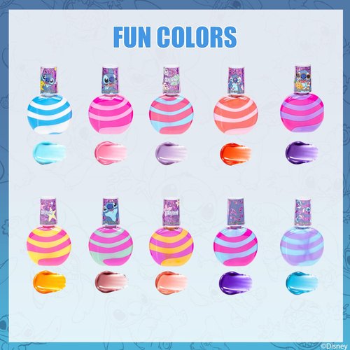 Stitch 10 Piece Swirl Nail Polish Set, Water-Based Peelable with Glittery, Shimmery and Opaque Colors, Ages 3+, By Townley Girl