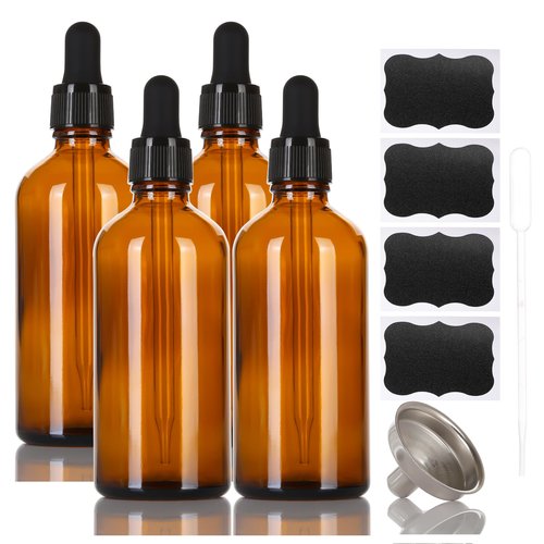 3.4 oz Amber Glass Dropper Bottles,4 Pack 100ml Empty Reusable Leak Proof Thick Tincture Bottles for Essential Oils,Hair Oil,Liquids,Laboratory,Pharmacist Bottle,Massage,Perfumery Aromatherapy