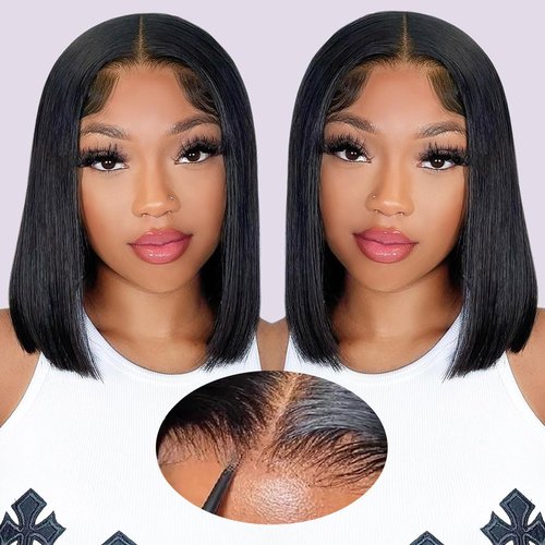 Caijuxing Bob Wig Human Hair 4x4 Straight Hd Lace Front Wigs with Baby Hair 180% Density Glueless Wigs Human Hair Pre Plucked Short Bob Wigs for Women (12 Inch)