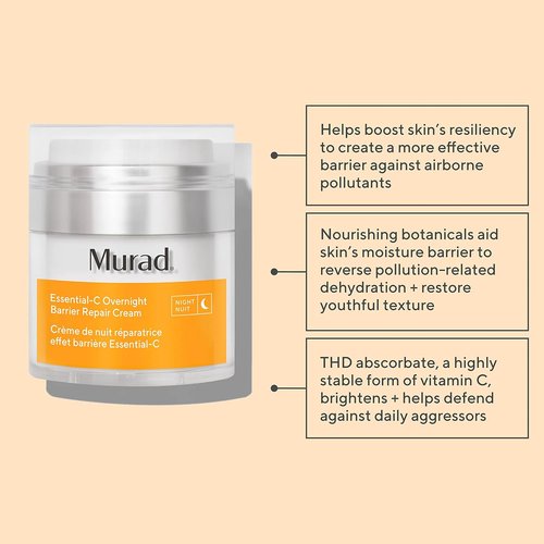 Murad Essential-C Overnight Barrier Repair Cream - Vitamin C & Marrubium Anti-Pollution Moisturizer | 1.7 Fl Oz for Brighter, Smoother Skin