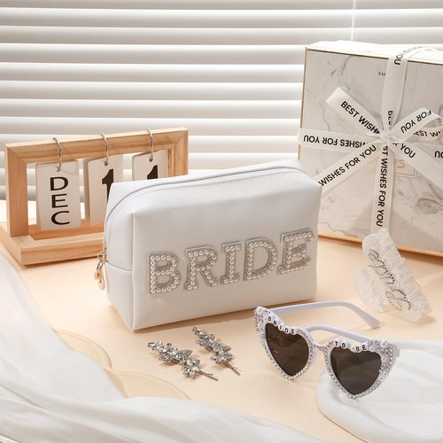 JATEBI 5Pcs Bride to Be Gifts Set Bachelorette Gifts for Bride Include Makeup Bag Glasses Claw Clip Bachelorette Party Accessories for Bridal Shower Wedding Day Engagement