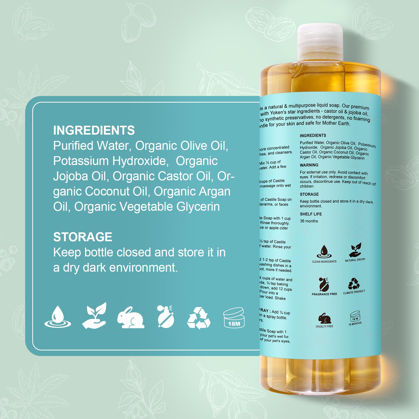 Yoken Pure Castile Soap Liquid Unscented 67 fl oz Castile Liquid Soap Made With Organic Oil, Clean & Gentle, No Palm Oil, Vegan, Natural Castille soaps for Face Body Hand Wash, Dishes Multi-purpose