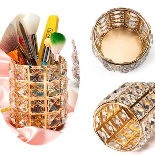 AISIBO Crystal Beads Makeup Brush Holder, Makeup Brush Organizer Vanity Decor, Handcrafted Cosmetics Brushes Cup, Crystal Cup for Makeup Brushes(Gold)