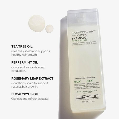 GIOVANNI Tea Tree Triple Treat Shampoo - Invigorating Formula with Peppermint, Eucalyptus & Rosemary, Strengthens Hair & Scalp, Paraben Free - 8.5 oz