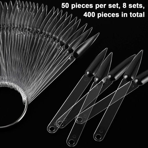 Kinjoek 8 Set Total 400 Pointed Tips Clear Nail Swatches Sticks Nail Art Supplies Practice Display Board for Nail Art Polish Display and Home DIY,transparent